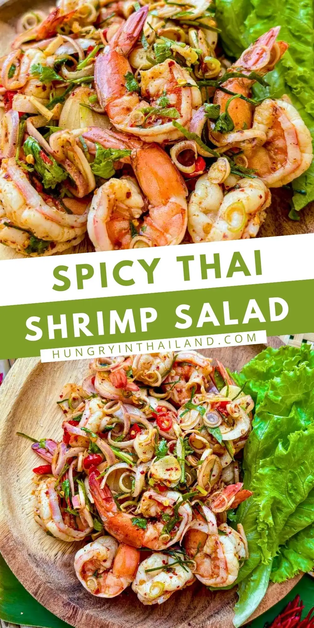 Spicy Thai shrimp salad pla goong with lemongrass, chilies, lime, and fresh herbs.
