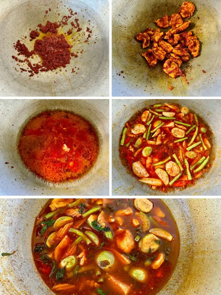 Step-by-step preparation of Thai jungle curry showing frying the curry paste, browning chicken, simmering with aromatics and vegetables, resulting in a rich, spicy curry.