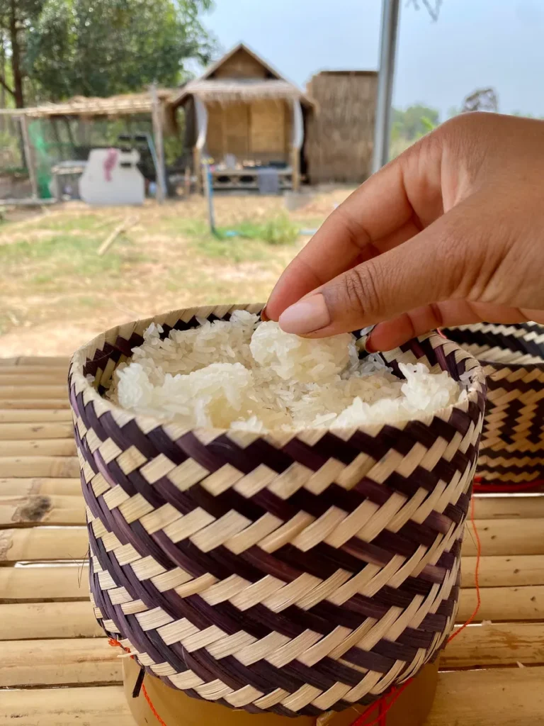 Hand grabbing a ball of Thai sticky rice in a traditional bamboo basket with a Thai rural background.