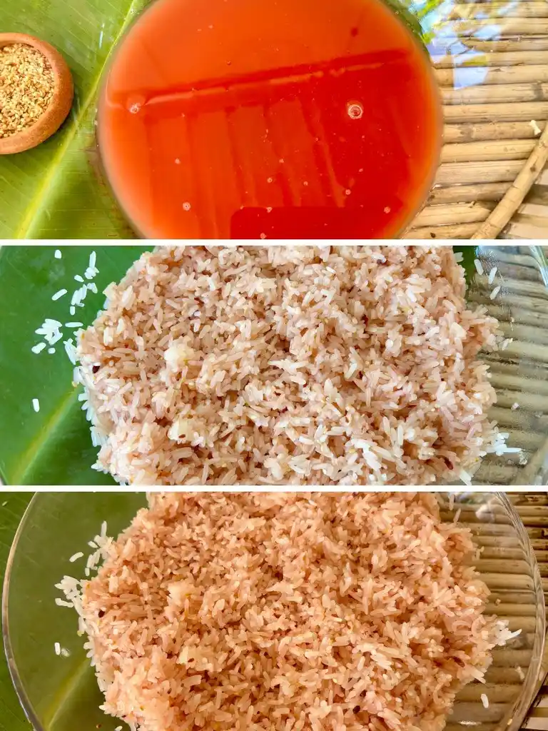 Step 1 showcases a bowl of vibrant, red watermelon juice beside sesame seeds, ready for the mix. Step 2 and 3 reveal the transformation of Thai sticky rice, first plain, then absorbing the rich, pink hues of the watermelon juice, a key step in crafting khao taen.