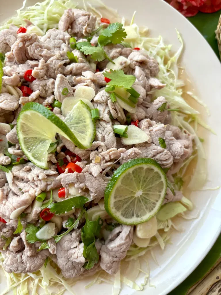 Garlic lime pork tenderloin salad with cilantro, chili, and lime on a bed of shredded cabbage in a white dish.