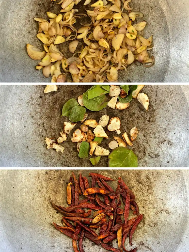 Stages of roasting spices in a pan: roasted shallots and garlic, kaffir lime leaves with galangal, and finally dry red chilies, prepared for grinding.