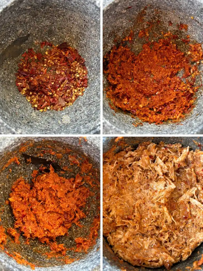 Step-by-step preparation of red curry paste in a granite mortar and pestle.