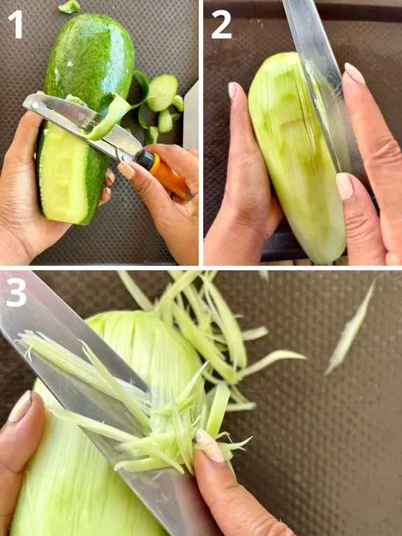 Step-by-step images showing the process of shredding a green papaya: 1. Peeling the skin with a julienne peeler, 2. Slicing it open with a knife, 3. Creating thin, crisp strips.