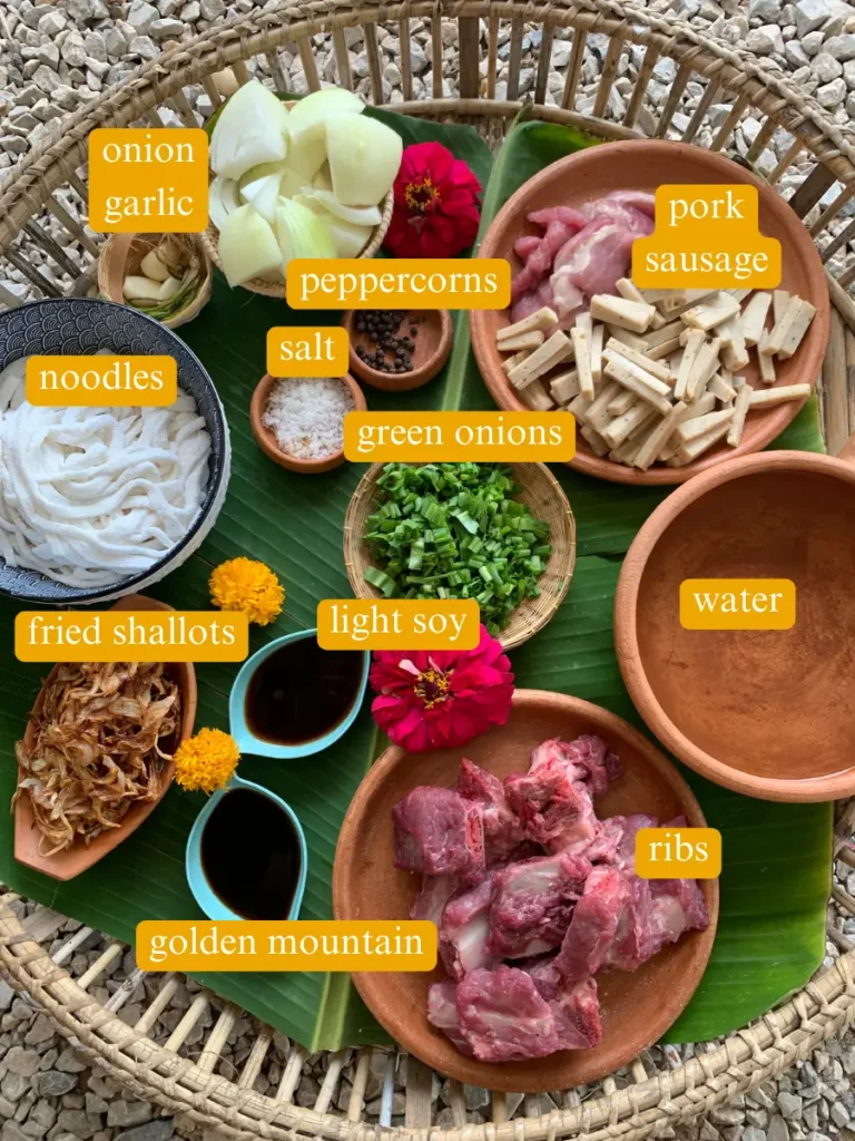 Top-view of ingredients for khao piak sen broth: onion, garlic, black peppercorns, pork, sausages, salt, onions, noodles, fried shallots, soy sauce, ribs, and water.