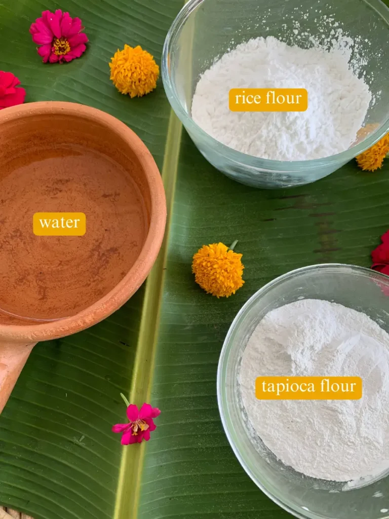 Ingredients for making khao piak sen noodles: tapioca flour, rice flour, and water.