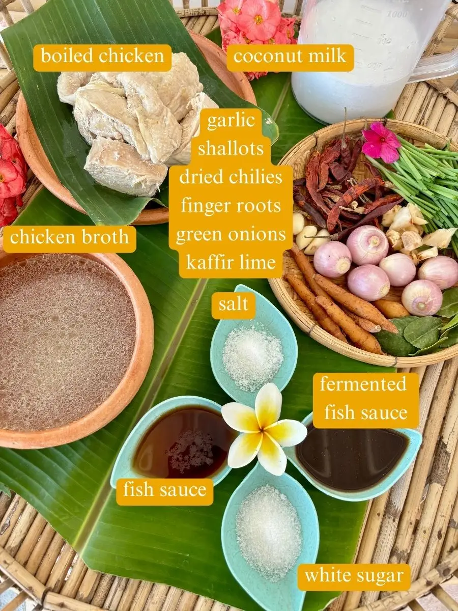 Top-view of ingredients for khao poon including boiled chicken, coconut milk, garlic, shallots, dried chilies, finger roots, green onions, kaffir lime, chicken broth, salt, fish sauce, and sugar.