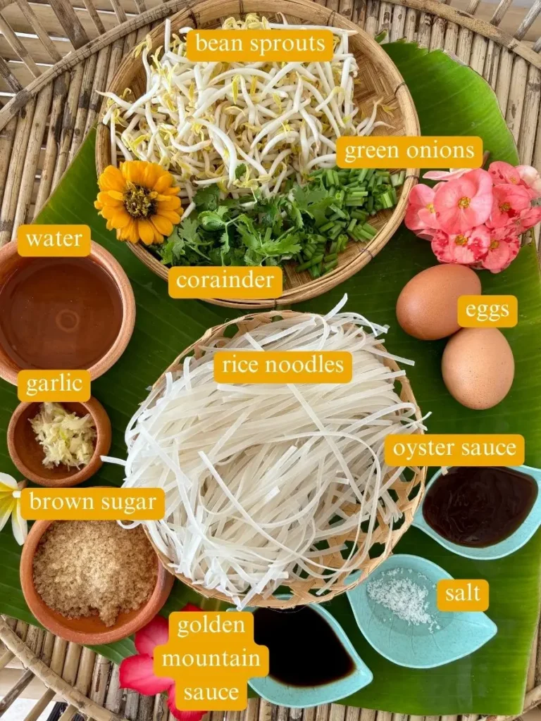 Top-view of ingredients for Lao noodle recipe on a bamboo mat: rice noodles, eggs, bean sprouts, brown sugar, oyster sauce, salt, and more.