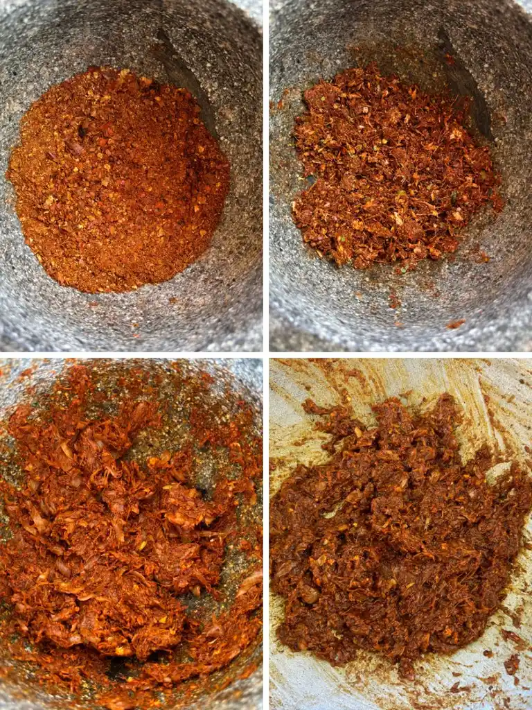 Grinding steps of jeow beong in a mortar: finely pounded dried chilies, then mixed with galangal and kaffir lime leaves, and lastly fried in a wok.