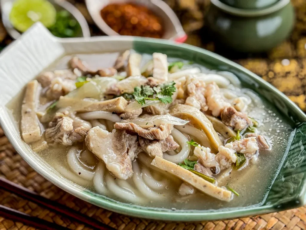 Khao piak sen with pork ribs, sliced moo yor sausage, fresh herbs, and chewy tapioca noodles in clear broth.