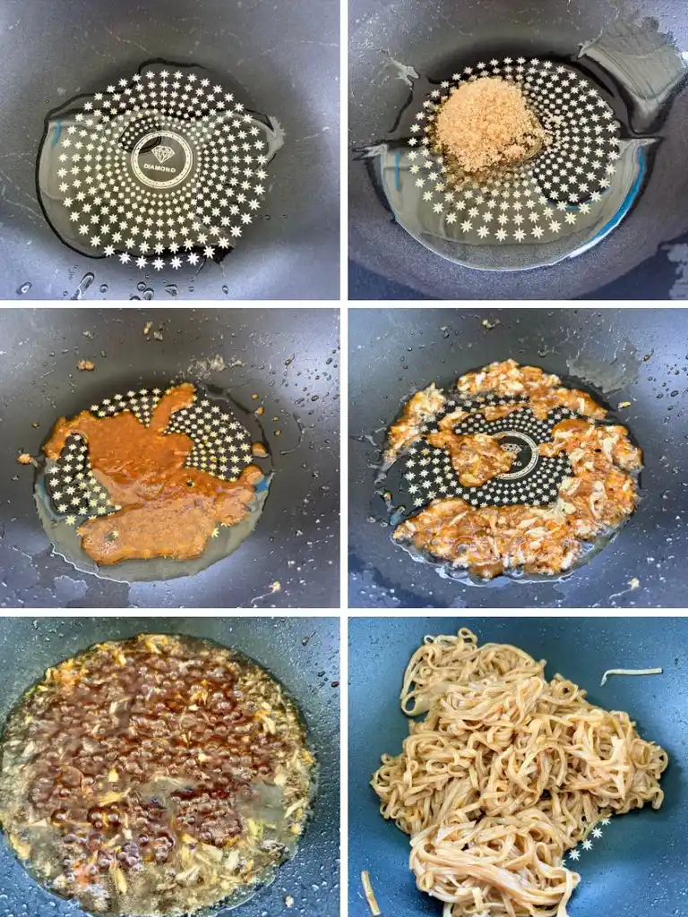 Step-by-step images showcasing the cooking process for kua mee noodles.