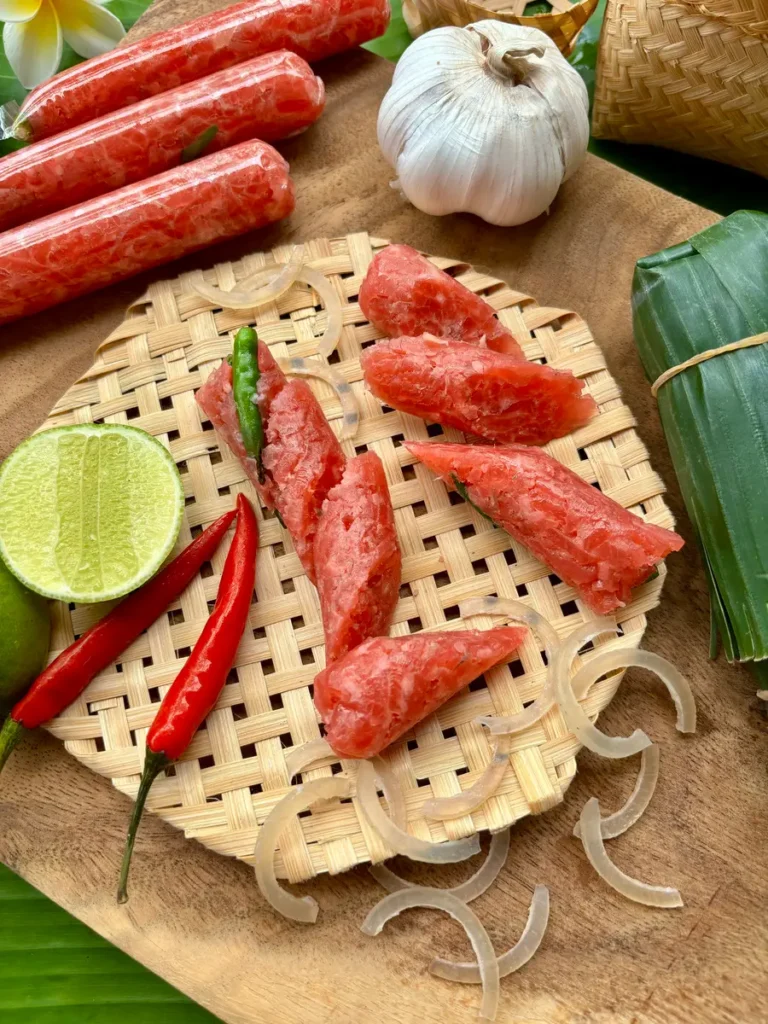 Close-up of Lao som moo sausage slices with vibrant chili peppers, sliced garlic, and lime on a woven bamboo mat.
