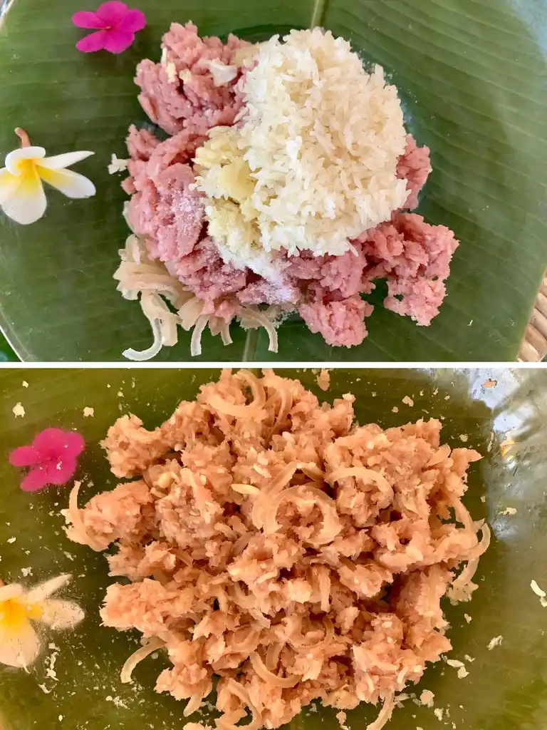 Mixing ingredients for fermented sausage: minced pork, sticky rice, and garlic before mixing, and the mixture after blending.