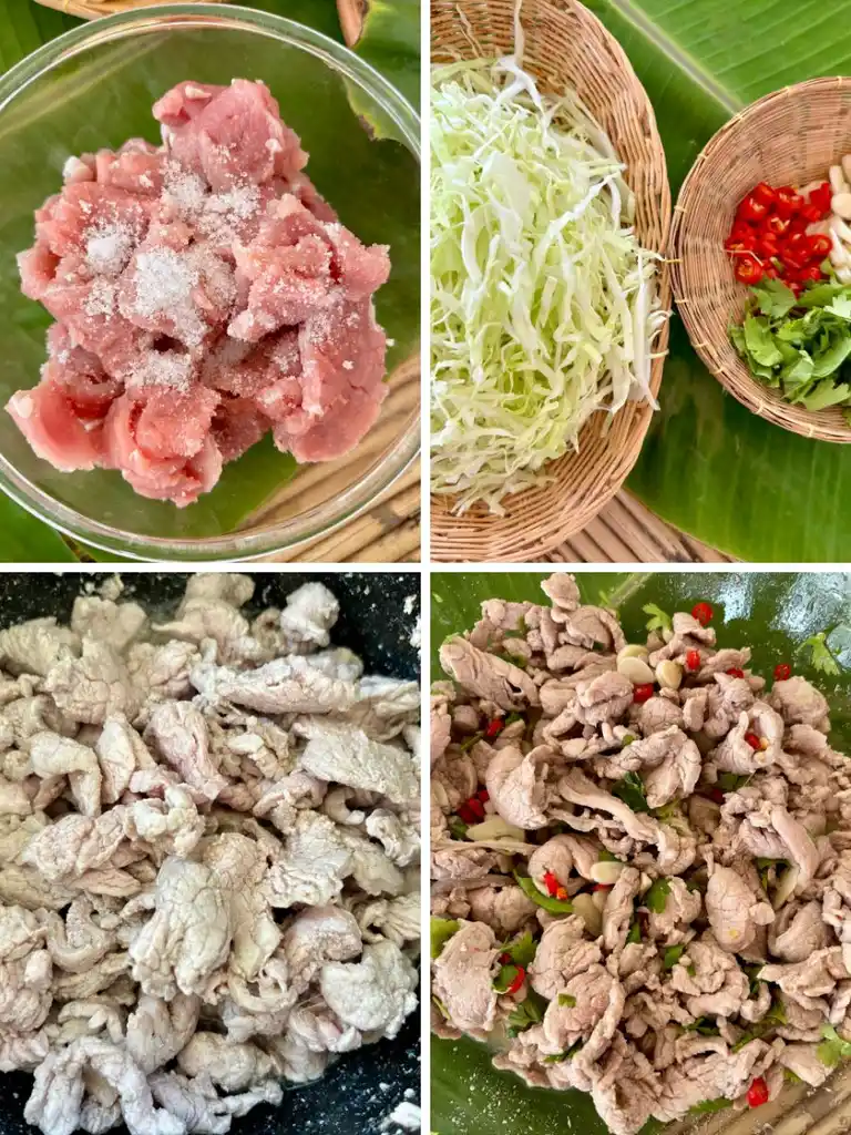 Step-by-step preparation of moo manao showing seasoned pork, fresh vegetables, and the stir-frying and salad tossing process.