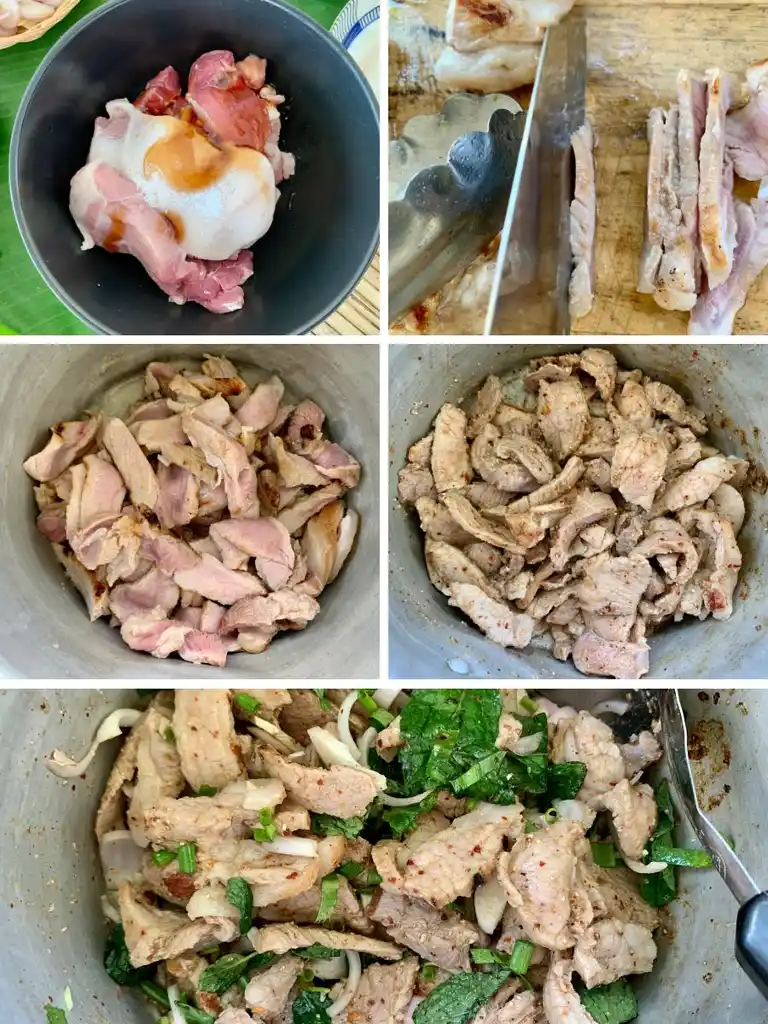 Step-by-step preparation of nam tok moo showcasing marinated pork, grilled pork slices, and final toss with fresh herbs and spices in a pot, illustrating the cooking process for this Thai salad.