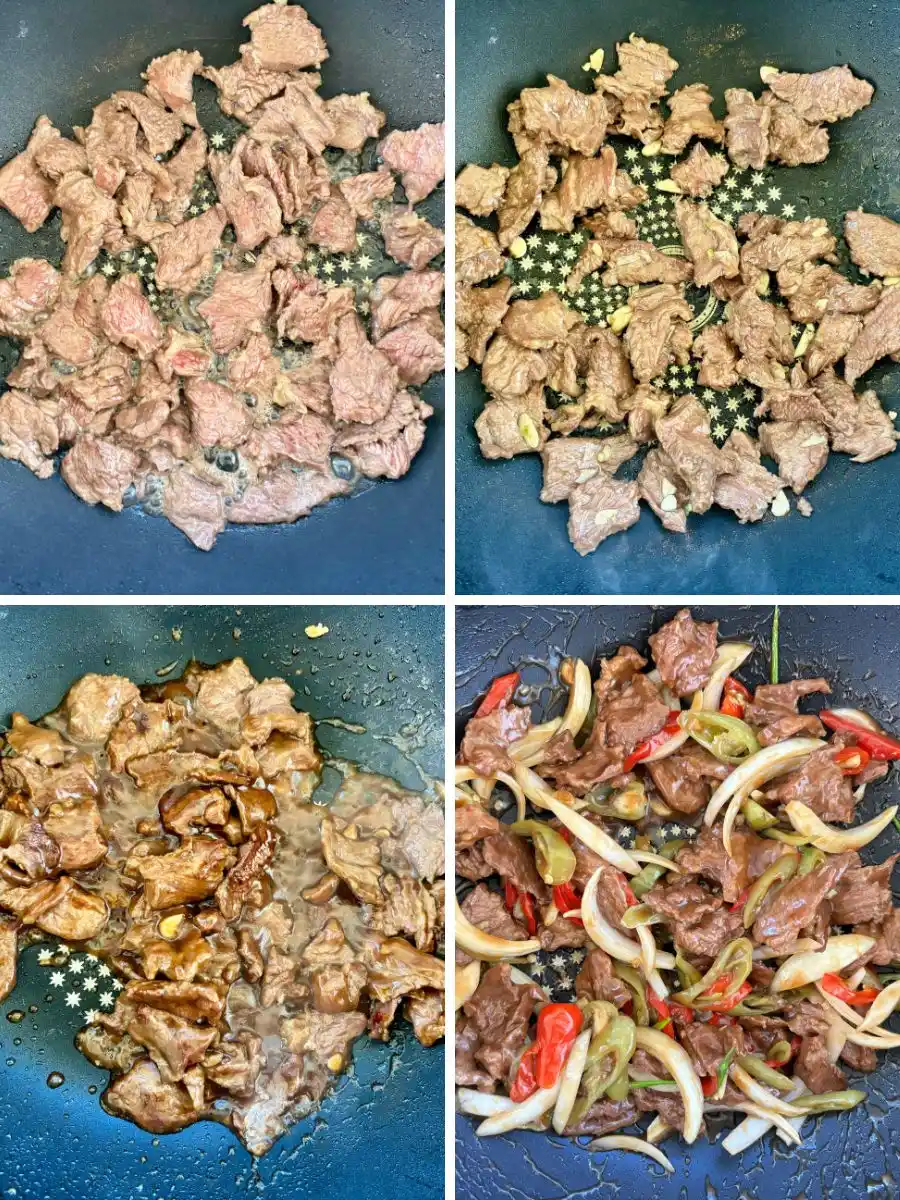Step-by-step cooking stages of nua pad prik: seared beef slices in a pan, followed by beef simmering in sauces and finally tossed with chilies and vegetables.