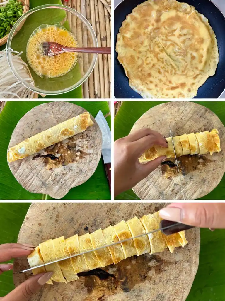 Step-by-step preparation of omelet for kua mee, showing beaten egg, and a cooked omelet sliced into thin strips.