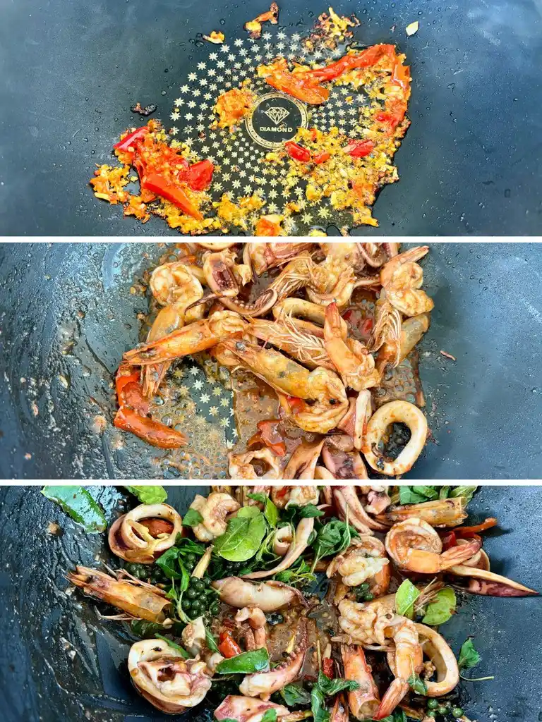 A three-step instruction for making pad cha talay, showing sautéed garlic and chilies, seafood sizzling in a wok, and the final toss with fresh herbs.