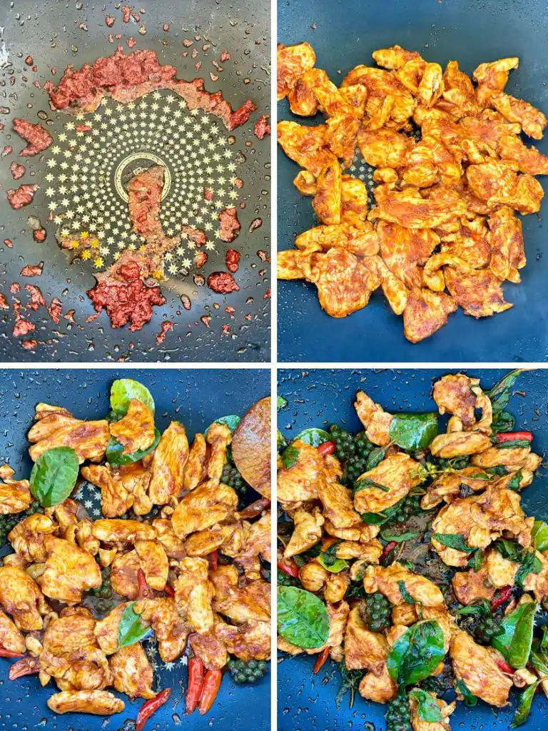 Sequential cooking steps of Thai chicken pad ped with red curry paste in a pan, followed by cooked chicken, adding chilies and peppercorns, and finishing with the herbs and spices.