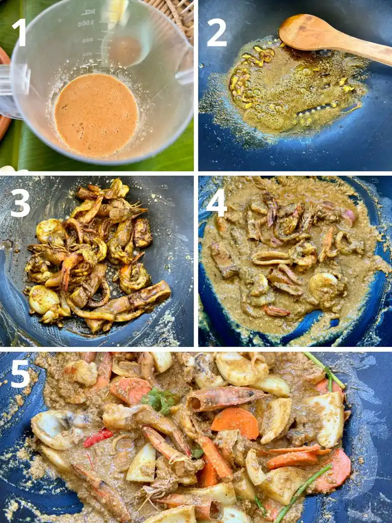 Step-by-step cooking process for pad pong karee, including mixture prep, stir-frying seafood, and the final simmering with vegetables in yellow curry sauce.