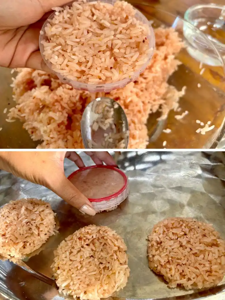 Top image shows a hand holding a mold with watermelon-infused sticky rice. The bottom image shows the unmolding of round rice cakes onto a tray, ready for sun-drying.