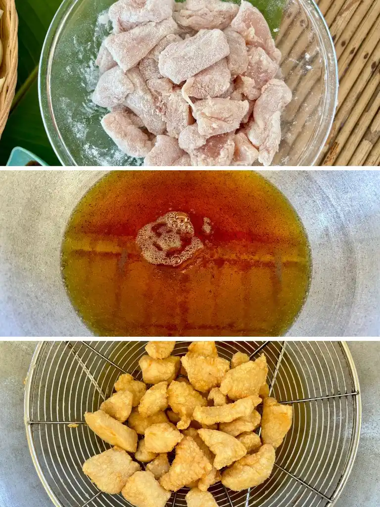 Step-by-step process of deep-frying battered chicken.
