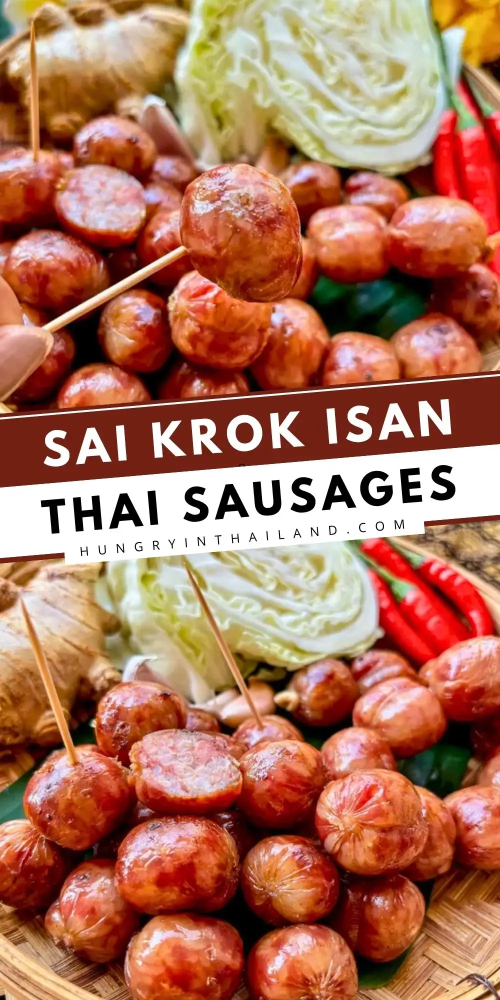 Sai krok Isan Thai sausages with fermented pork, cabbage, ginger, and chilies.