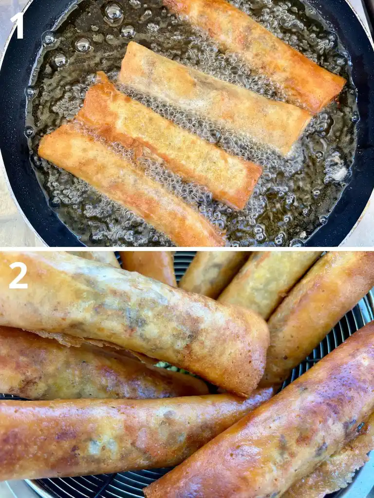 Instructional images for deep-frying spring rolls and draining them.