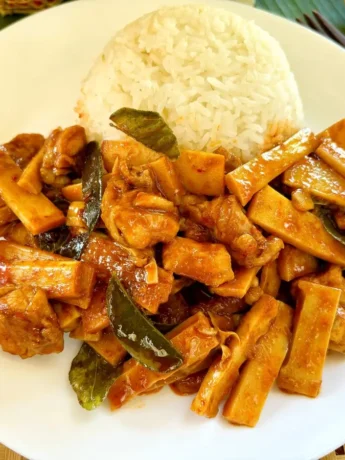 Thai Gai Pad Nor Mai, featuring tender chicken and bamboo shoots in a rich red curry sauce, served with a side of steamed jasmine rice.