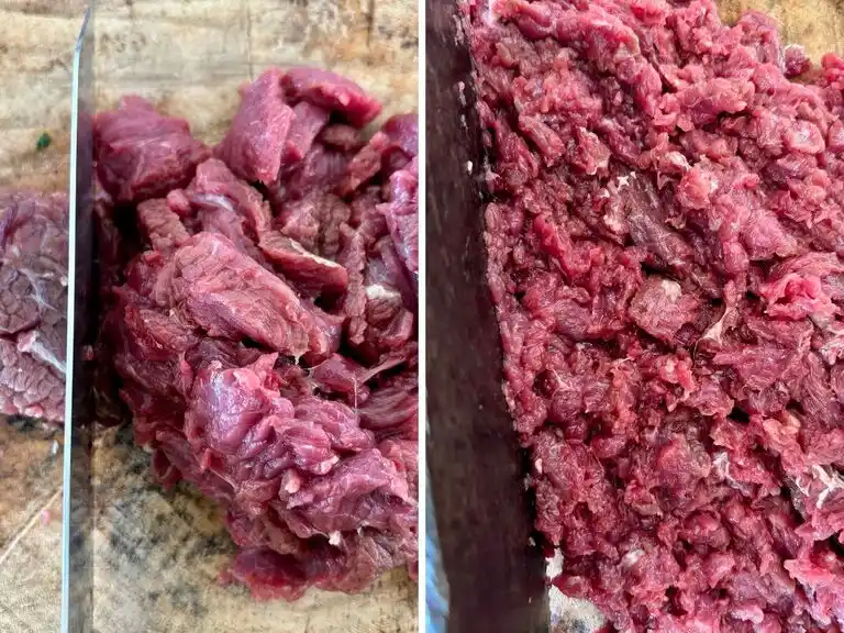 Step-by-step visuals of raw beef being chopped into ground meat.