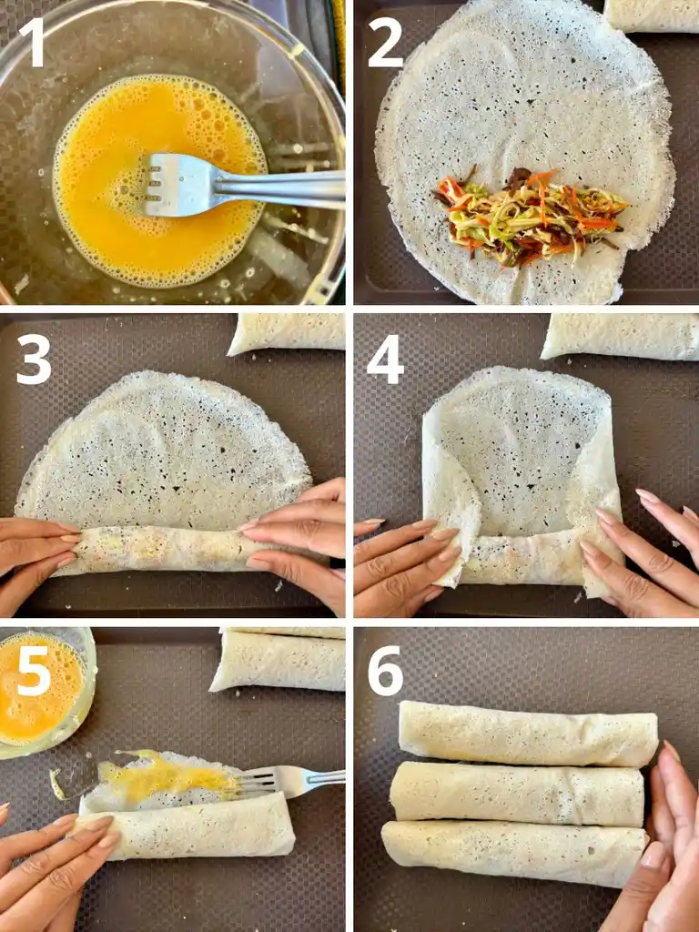 Step-by-step instructions for rolling Thai spring rolls with egg wash sealing.