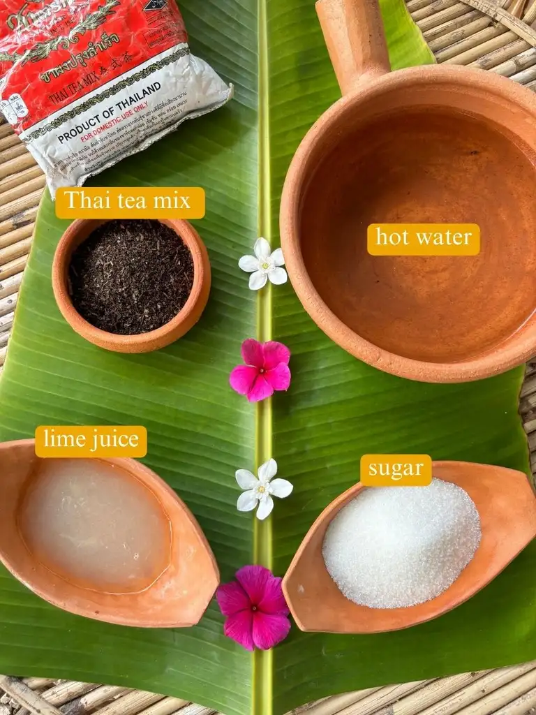 Ingredients for cha manao labeled: Thai tea mix, hot water, lime juice, and white sugar.