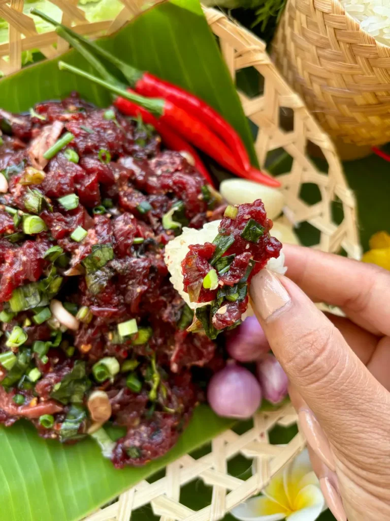 Hand holding a ball of sticky rice with Isan larb salad over a traditional serving of Thai raw beef salad.