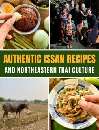 Collage of authentic Issan Thai food recipes and Northeastern Thai culture featuring spicy larb, a group of smiling locals, a water buffalo in a field, and a hand holding a spicy larb moo salad with sticky rice.