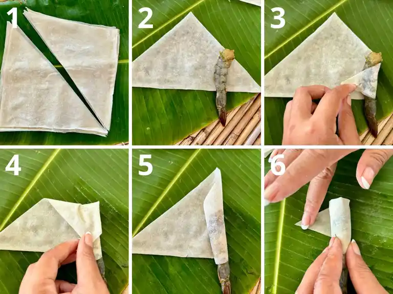 Instructions for rolling shrimp in a blanket.