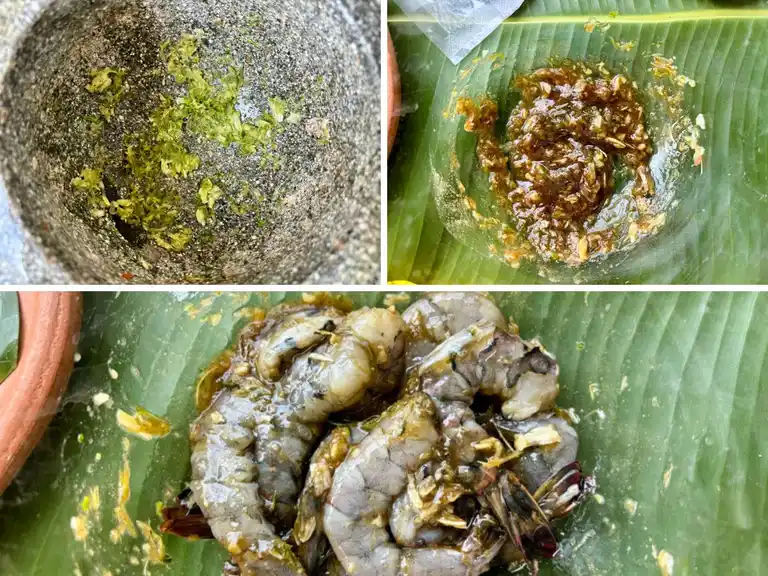 Pounding spices in a mortar and marinating shrimp with spices.