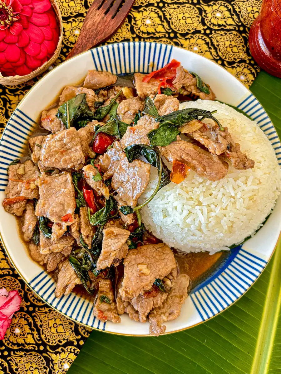 Pad horapa, a Thai sweet basil beef stir-fry served with jasmine rice.