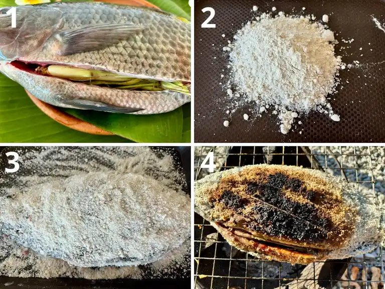 Instructional steps for making pla plao: stuffing fish with lemongrass; a flour mixture; fish coated with flour; and fish grilled over charcoal.