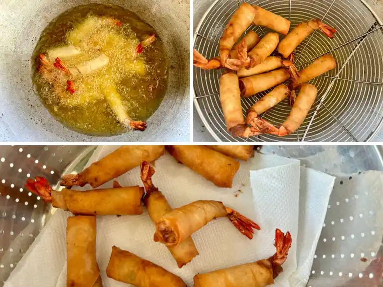 Step-by-step process of deep-frying shrimp in a blanket until golden and crisp.