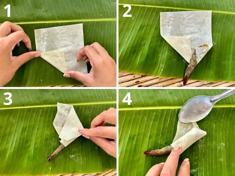 Step-by-step visual guide for rolling shrimp in a blanket with small spring roll wrappers on a banana leaf.