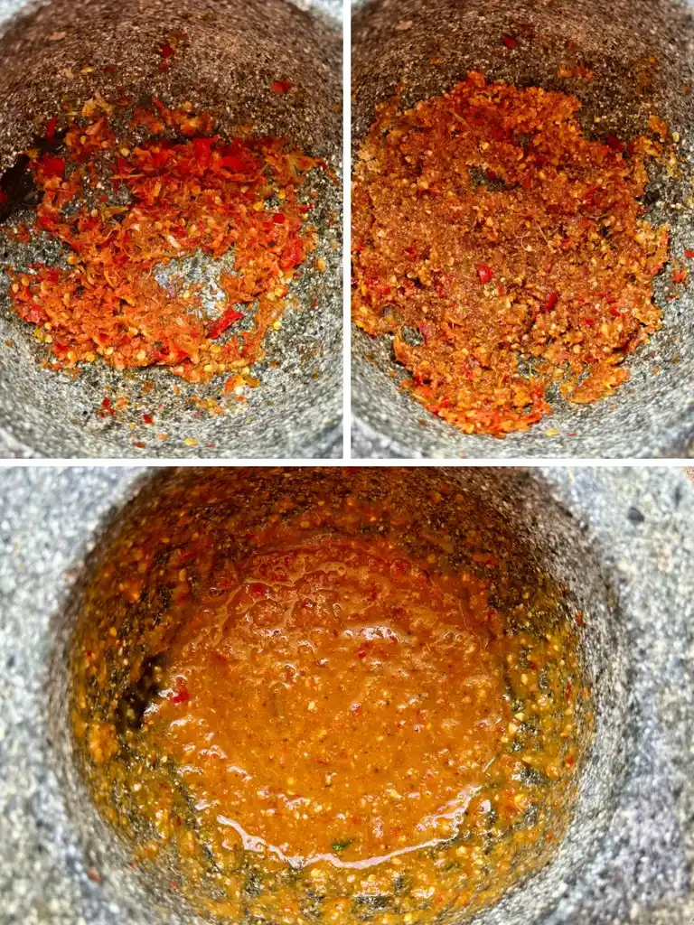 Step-by-step instructional images of making spicy peanut sauce in a stone mortar.