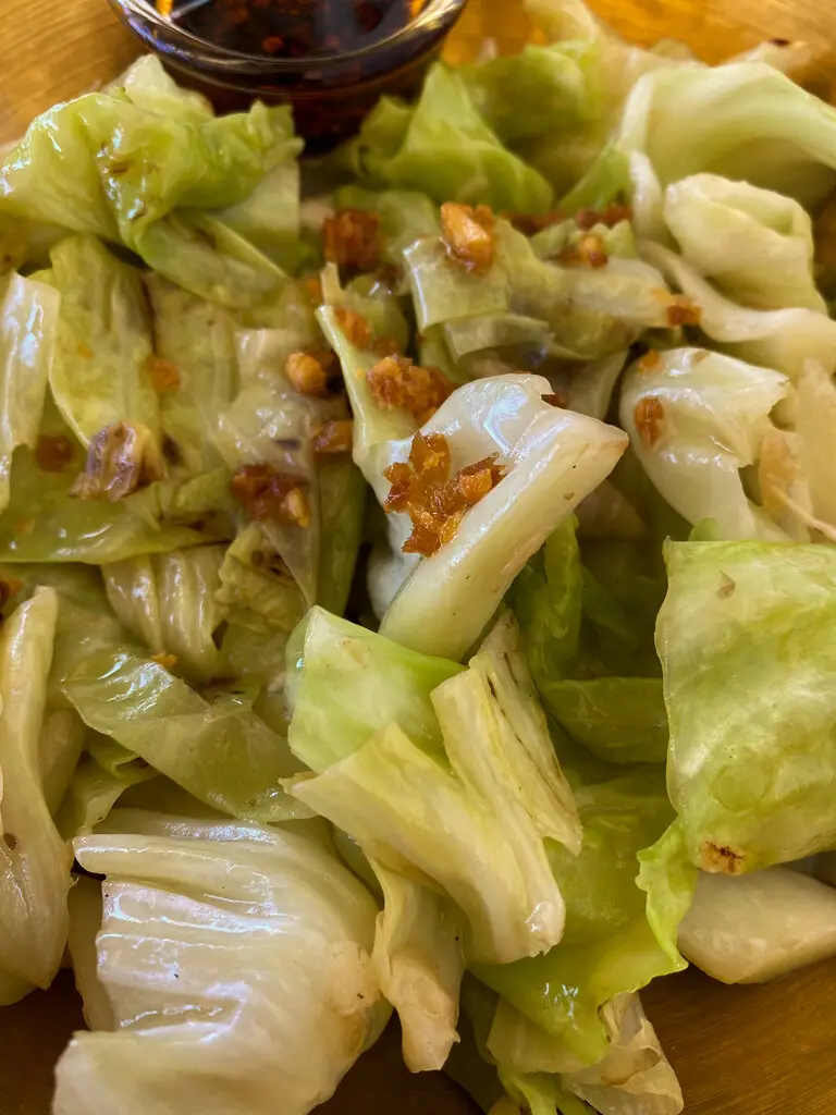 Close-up of Thai cabbage stir-fry with fish sauce.