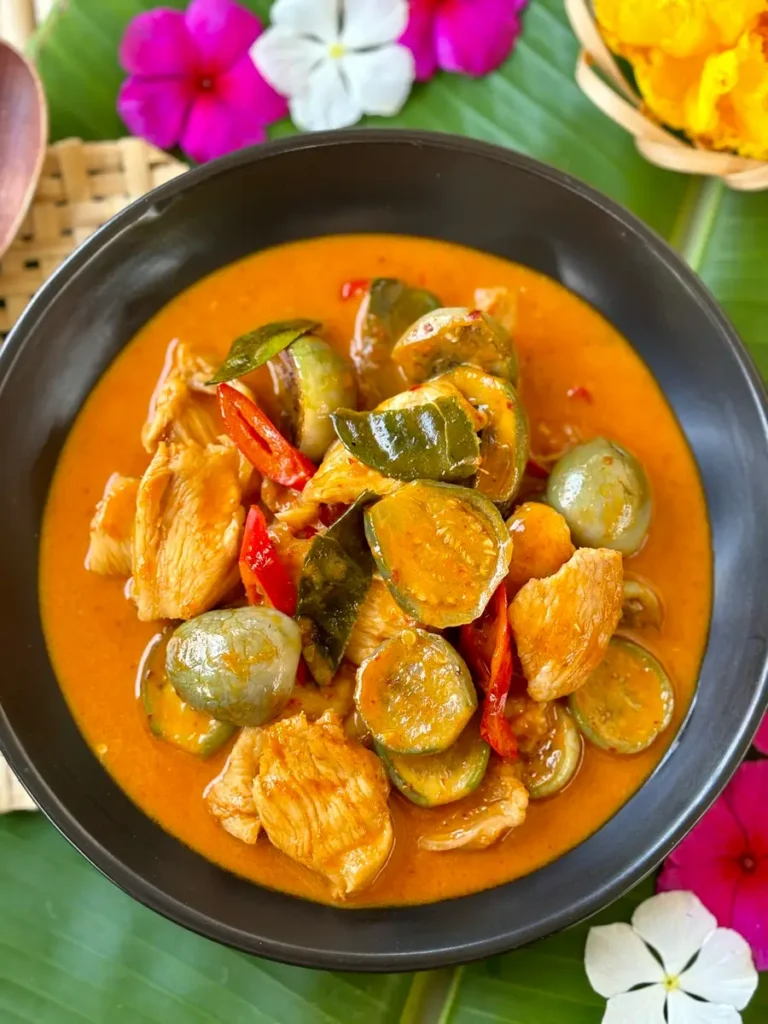 Thai eggplant curry made with red curry sauce and chicken.