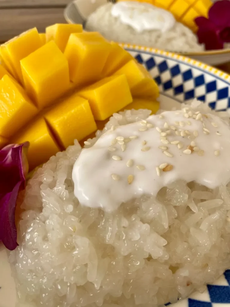 Close-up of Thai mango sticky rice dessert drizzled with coconut sauce and a purple orchid.