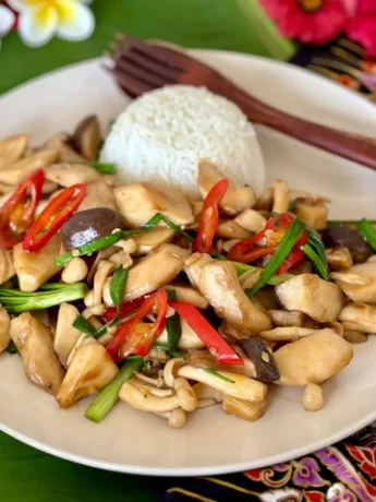 Thai mushroom stir-fry, pad hed, with jasmine rice.