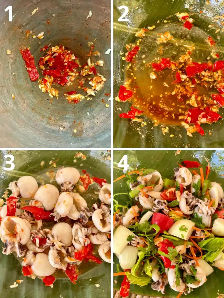 Step-by-step preparation of Yum Pla Muk, showing the progression from fresh chili-garlic mix in a mortar to the final colorful Thai squid salad ready to serve on a banana leaf.