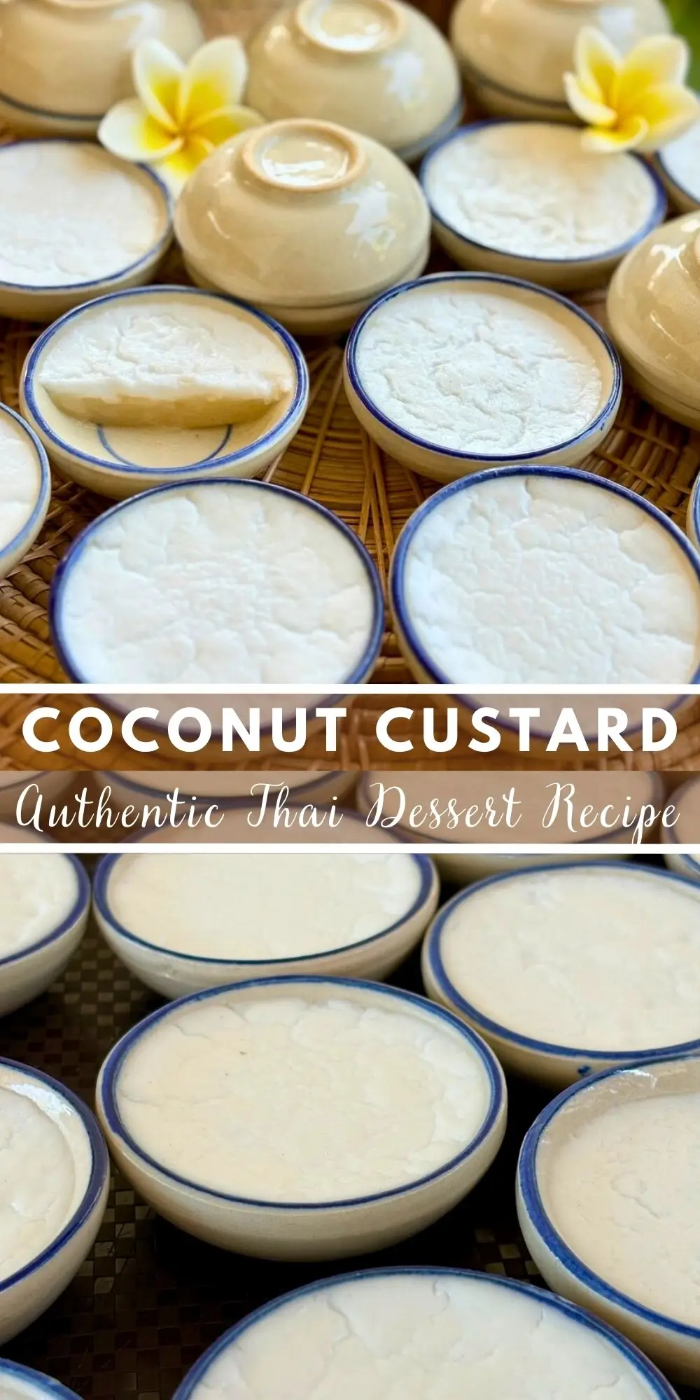 Thai coconut custard dessert baked in small ceramic bowls, with a creamy texture.