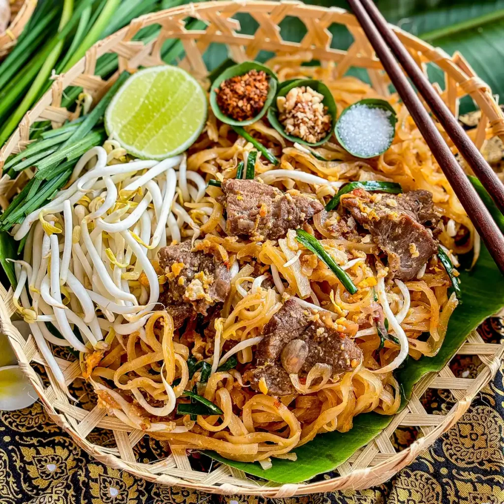 Beef pad Thai noodles served with fresh bean sprouts and chives.