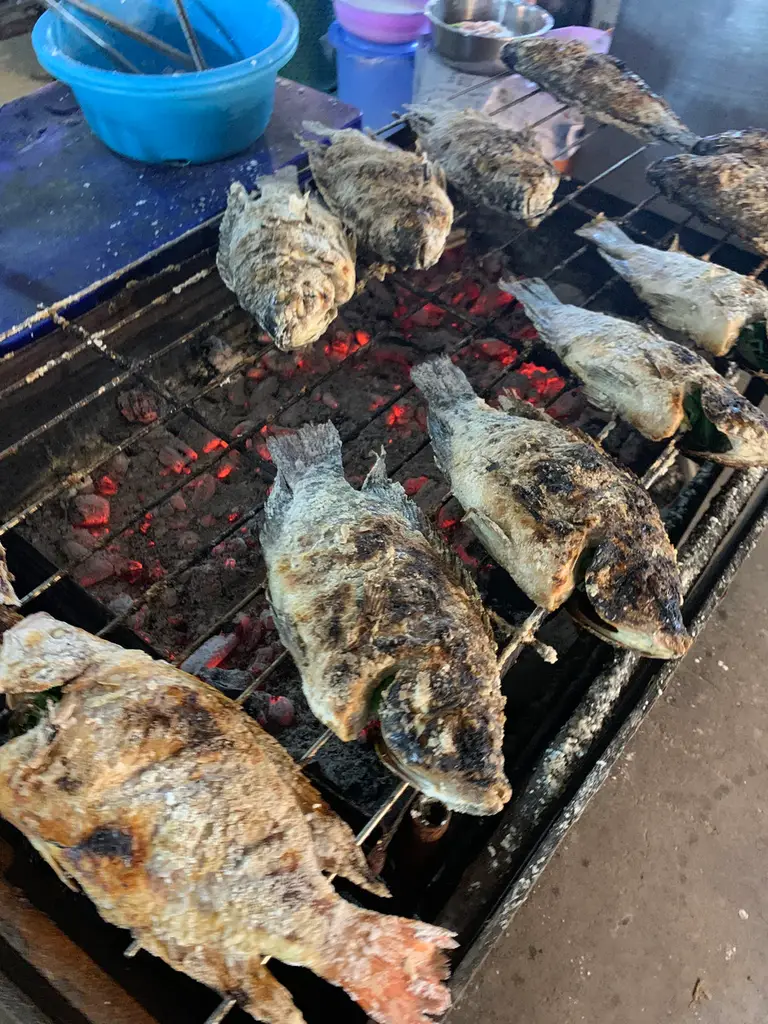 Grilled fish grilling over charcoal at a Thai market.