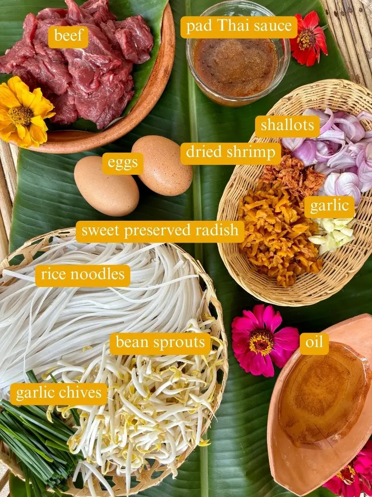 Ingredients for beef pad Thai labeled: beef, pad Thai sauce, shallots, dried shrimp, eggs, garlic, sweet preserved radish, rice noodles, bean sprouts, oil, and garlic chives.